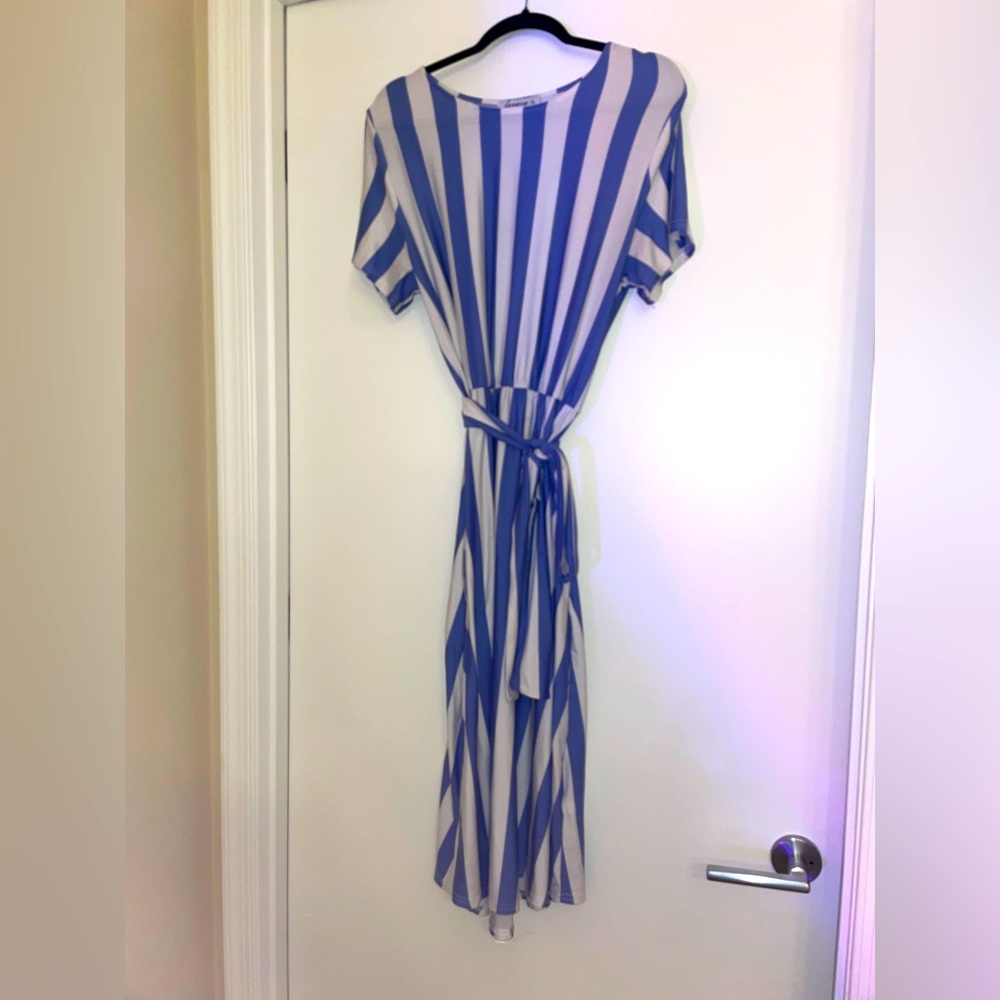 Blue & White Striped Dress With Adjustable Tie on Side